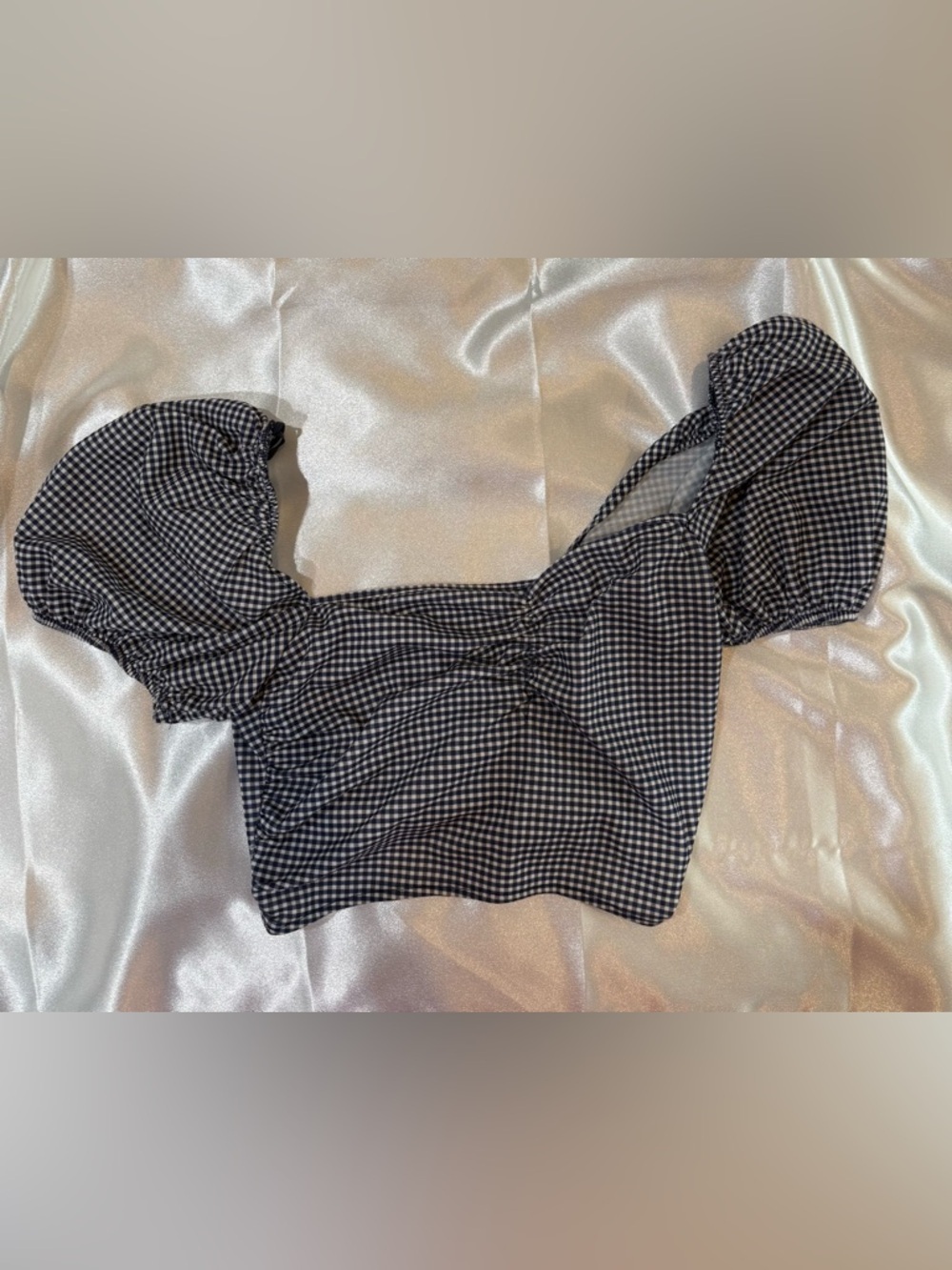 Zara Blue & White Gingham Puff-Sleeve Crop Top